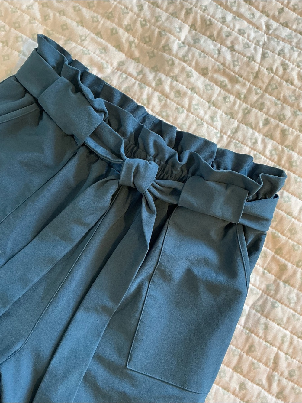 Grace Karin Teal Straight Leg Pants w/ Paperbag Waist L w/ tie belt stretchy